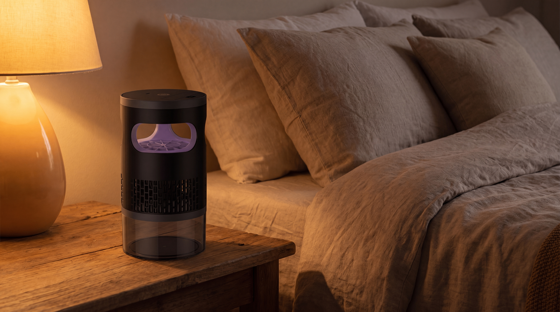 Vellmora trap on a bedside table in a softly lit bedroom